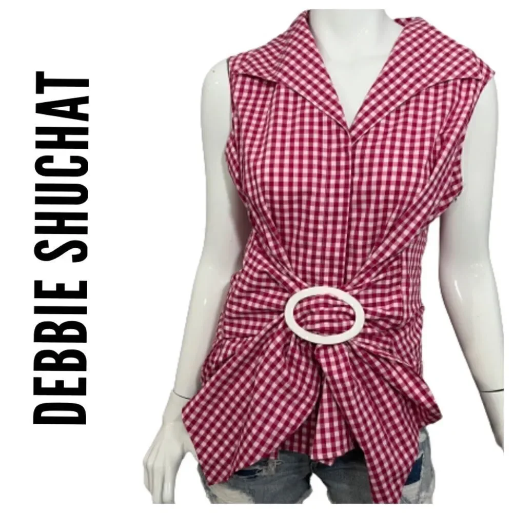 Vintage Y2K Debbie‎ Shuchat pink gingham tie front preppy blouse -- XL